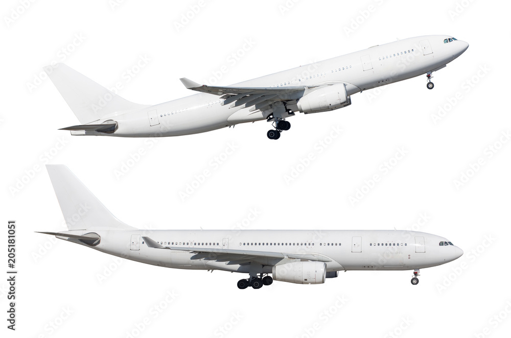 Airplane in two configurations, taxiing and take off isolated on white background. Airplane in two configurations, taxiing and take off isolated on white background.