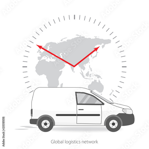 Global logistics network. Worldwide delivery concept. The car for cargo delivery and the watch with map of the world in gray.  Vector illustration EPS10. © katarinanh