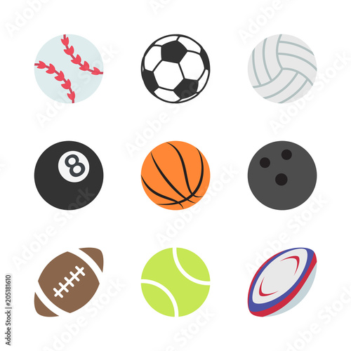 Sports Balls Set. Illustration of a set of popular sports balls and bowls equipment, for football, soccer, rugby, tennis, volleyball, basketball, baseball, gulf ball for fitness and bowling