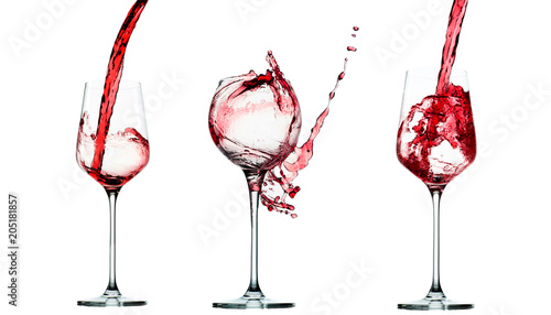 set of Pouring red wine in glass goblet isolated on white