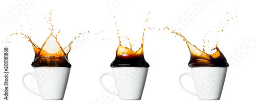 set of cup of splashing coffee isolated on white background