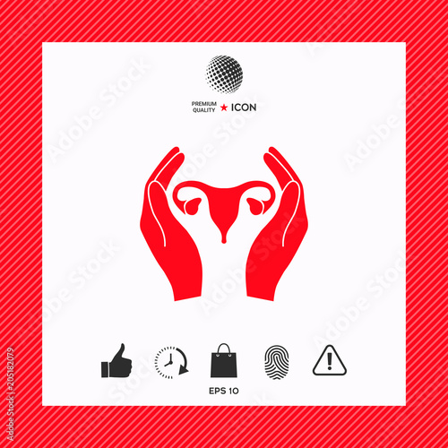 Hands holding Female uterus - protection icon