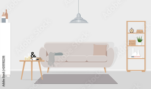Interior design of a living room with a gray lamp over a beige sofa. Vector flat illustration.