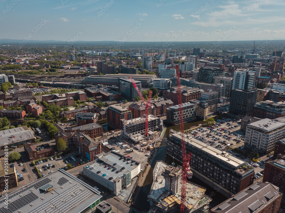 Obraz premium Aerial Drone Construction Work City Centre Building Apartments Crane High Rise 