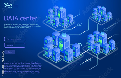 Data center design concept. Isometric vector illustration in ultraviolet colors. Cloud and data storage services.