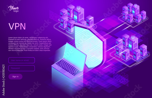 Secure virtual private network connection concept. Isometric vector illustration in ultraviolet colors. VPN connectivity overview.