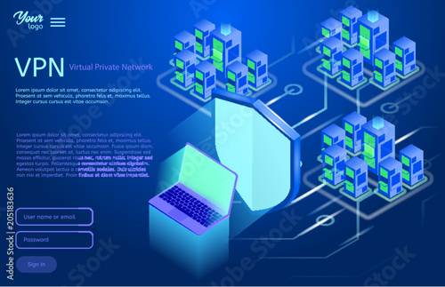 Secure VPN connection concept. Isometric vector illustration in ultraviolet colors. Virtual private network connectivity overview.