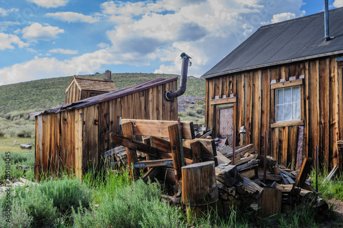 Ruined Buildings in the Californian Ghost Town of Bodie. Bodie is one of the best preserved Ghost Towns in America and was founded during the Californian Gold Rush. It was inhabited until the 1970s. 