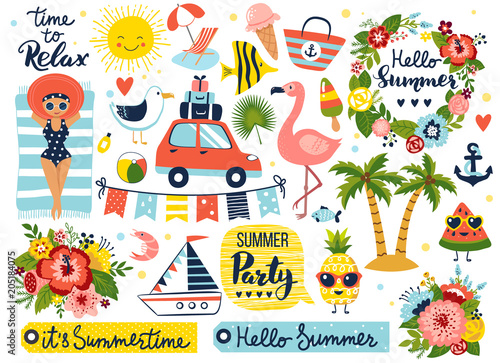Summer set, hand drawn elements- calligraphy, flowers, tropical leaf, birds, wreaths and other. Perfect for web, card, poster, cover, tag, invitation, sticker kit. Vector illustration