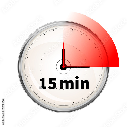 Realistic clock face with fifteen minutes timer on white