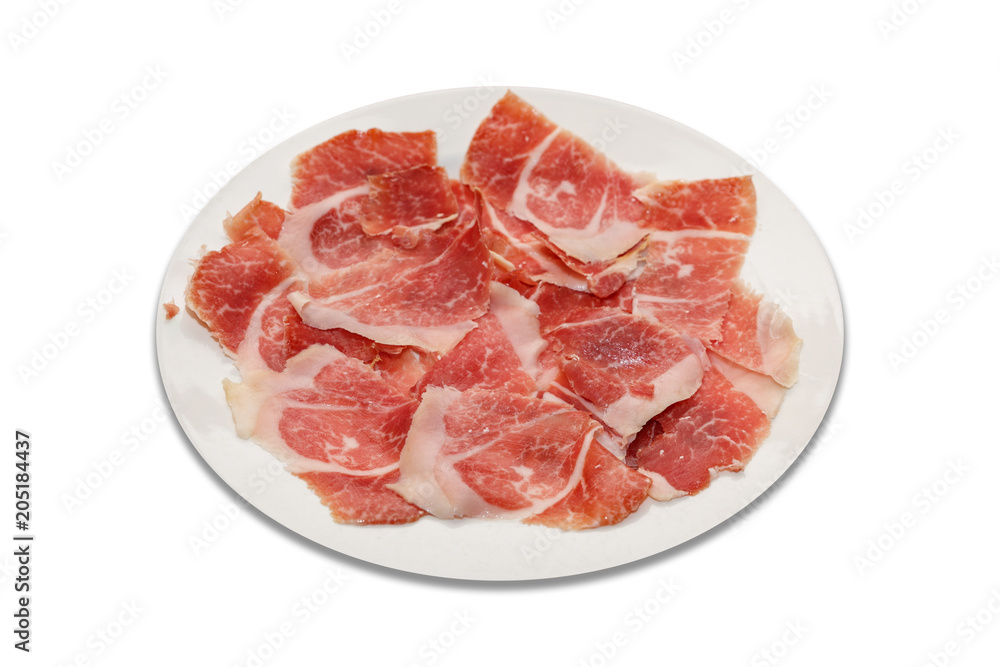 dry-cured ham slices on plate white shadow and white background dry-cured ham slices on plate white shadow and white background