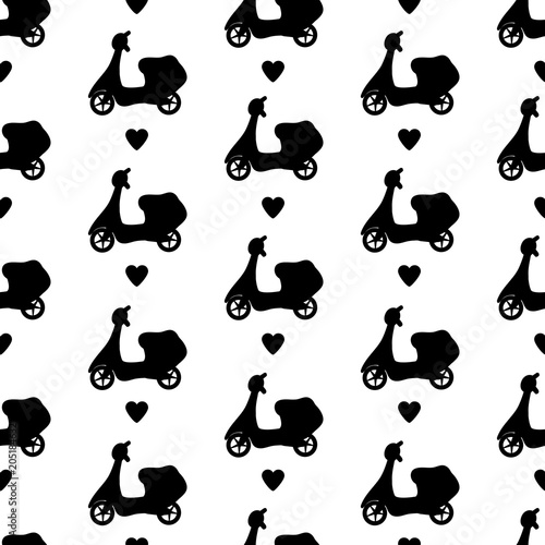 Seamless pattern with black mopeds and hearts.