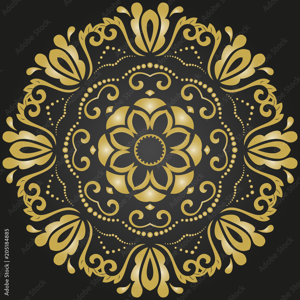Oriental golden round pattern with arabesques and floral elements. Traditional classic ornament. Vintage pattern with arabesques