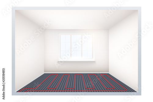 Empty room with heating floor and window. Simple interior without furnish and furniture. Floor heating system. Ways of installing pipes under cover. Vector Illustration