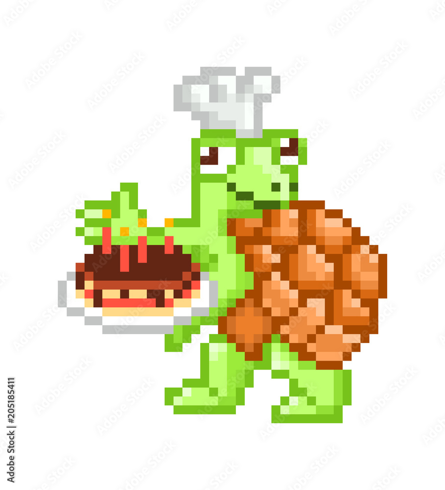 Baker turtle in a chef hat presenting chocolate birthday cake, cute cartoon pixel art character isolated on white background.Birthday card, kid party invitation element.Sweet surprise gift for a child Baker turtle in a chef hat presenting chocolate birthday cake, cute cartoon pixel art character isolated on white background.Birthday card, kid party invitation element.Sweet surprise gift for a child