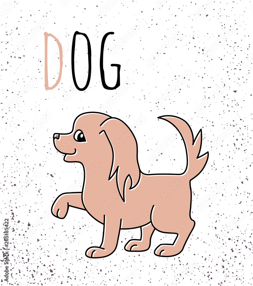 Stylish alphabet card with letter d represented by dog. Learning to read poster for preschool and elementary school kids.Polygraphy print design for children.Exercise workbook, notebook cover template Stylish alphabet card with letter d represented by dog. Learning to read poster for preschool and elementary school kids.Polygraphy print design for children.Exercise workbook, notebook cover template
