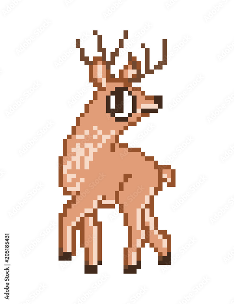 Cute little brown deer, cartoon pixel art character isolated on white  background. Forest animal. Wildlife mammal. Zoo mascot. Old school 8 bit  slot machine pictogram. Retro 80s-90s video game graphics Stock Vector |