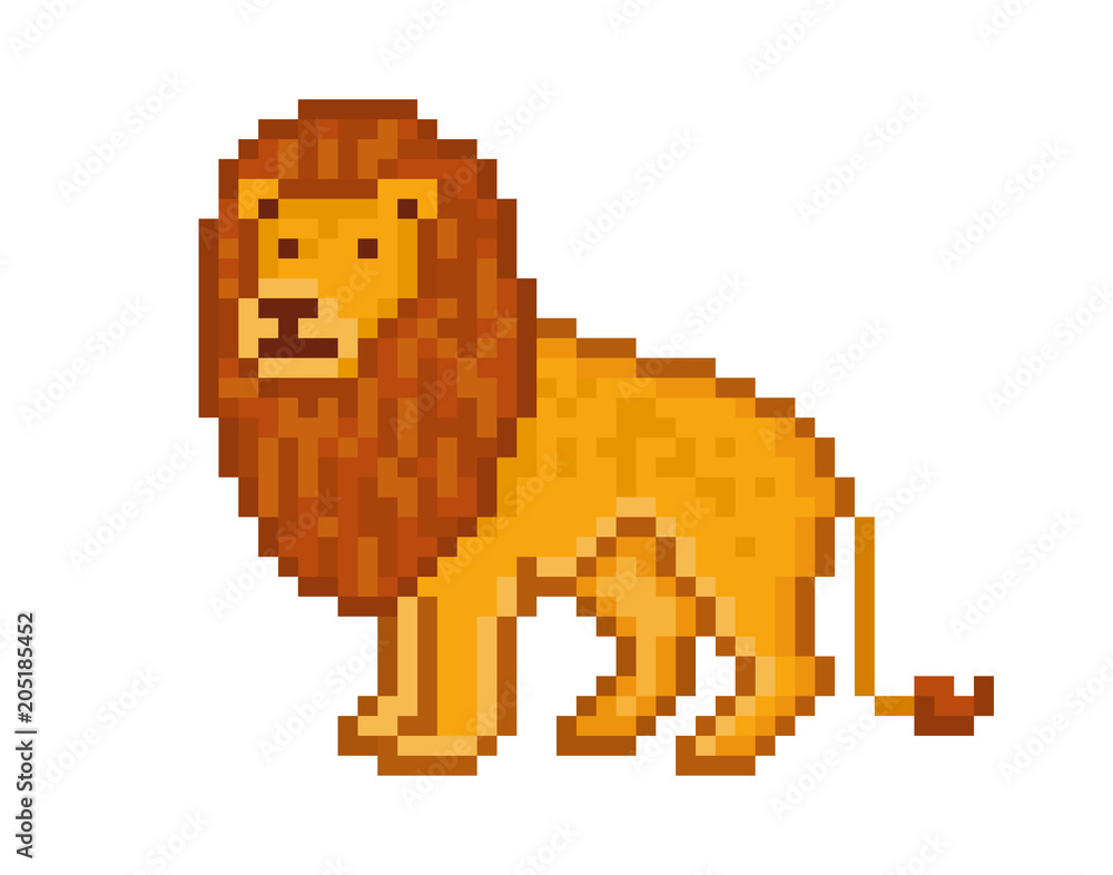 Yellow lion, cartoon pixel art character isolated on white background.Safari animal.Zoo logo.Symbol of Africa. Wildlife carnivore.Old school 8 bit slot machine icon.Retro 80s-90s video game graphics.