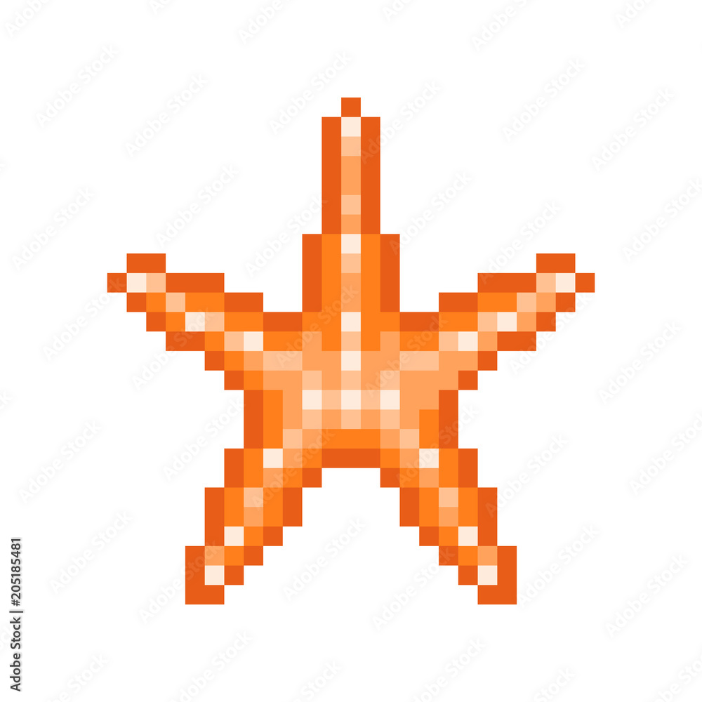 Orange starfish, pixel art symbol isolated on white background. Coral reef,  aquarium, oceanarium sea star logo. Underwater animal. Old school 8 bit  slot machine icon.Retro 80s; 90s video game graphics Векторный объект