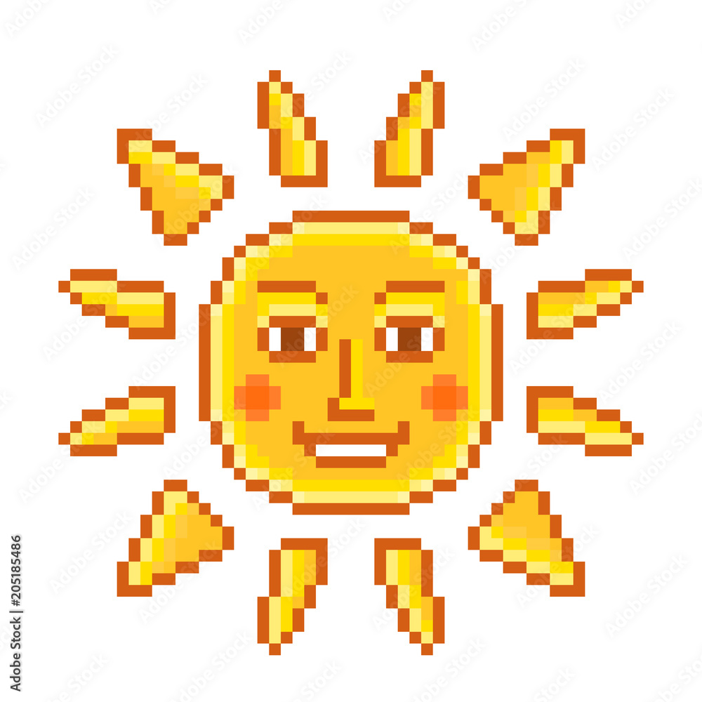 Smiling sun with rays, cartoon pixel art character isolated on white  background. Center of the Solar System. Hot weather symbol. Beach vacation  sign. Summer icon. Sunscreen logo. 8 bit game graphics. Stock
