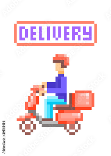 Delivery man driving red motorcycle scooter, pixel art character isolated on white background. Fast food restaurant order mobile app/site icon.Online shopping service symbol. Courier guy on a mission.