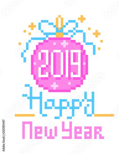 Happy New Year, 2019, pixel art greeting card with text and pink christmas tree ornament isolated on white background. Winter holiday celebration poster. Calendar design template. Festive print.