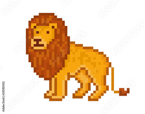 Fototapeta Naklejka Na Ścianę i Meble -  Yellow lion, cartoon pixel art character isolated on white background.Safari animal.Zoo logo.Symbol of Africa. Wildlife carnivore.Old school 8 bit slot machine icon.Retro 80s-90s video game graphics.