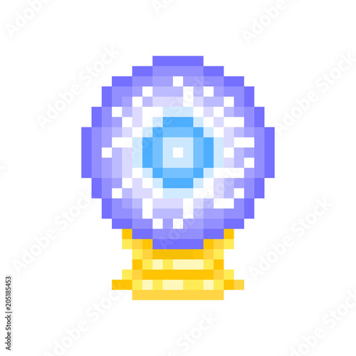 Glowing fortune-teller's crystal ball, pixel art icon isolated on white background. Witch's magic ritual object. Future prediction symbol. Oracle glass sphere. Esoteric logo. Destiny divination sign.
