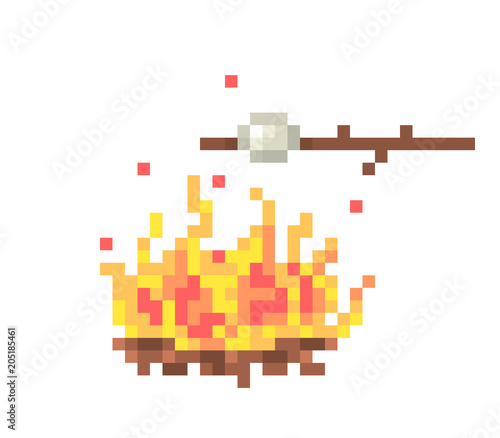 Marshmallow on a wooden stick roasting on fire, pixel art icon isolated on white background. Forest camping food. Sweet barbecue. Summer vacation on nature in the woods. Tasty dessert grilled outdoors