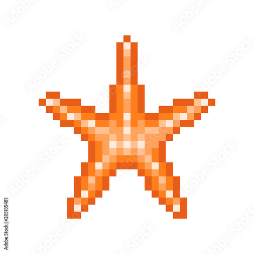 Orange starfish, pixel art symbol isolated on white background. Coral reef, aquarium, oceanarium sea star logo. Underwater animal. Old school 8 bit slot machine icon.Retro 80s; 90s video game graphics
