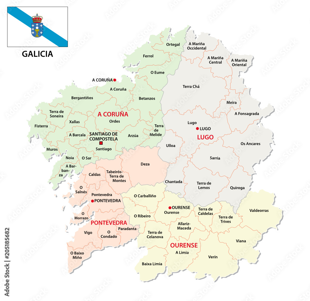 galicia administrative and political vector map with flag, spain