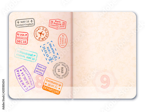 Realistic open foreign passport with immigration stamps on one of pages on white photo