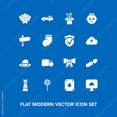 Modern, simple vector icon set on blue background with magic, kid, black, style, cute, arrow, winter, lighthouse, shell, food, ocean, clothes, sad, child, clothing, suit, play, bow, headwear icons