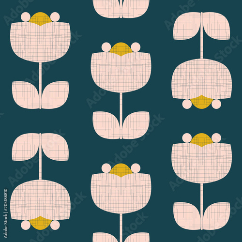 Fototapeta Naklejka Na Ścianę i Meble -  Modern vector abstract seamless geometric pattern with stylized flowers and leaves in retro scandinavian style.