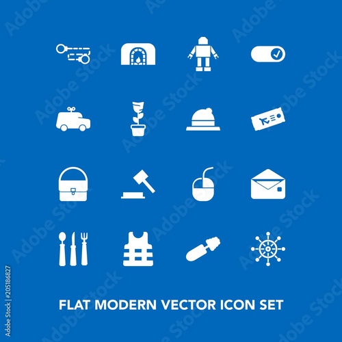 Modern, simple vector icon set on blue background with mascara, ship, jacket, play, life, home, computer, , bag, internet, mail, rudder, makeup, machine, fireplace, chain, fire, car, judge, toy icons