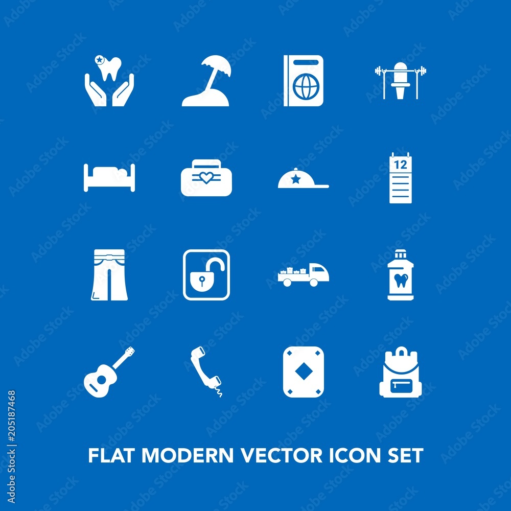 Modern, simple vector icon set on blue background with music, female, beach, shipping, guitar, lock, passport, healthy, school, elegant, poker, protection, truck, health, sport, fashion, palm icons Modern, simple vector icon set on blue background with music, female, beach, shipping, guitar, lock, passport, healthy, school, elegant, poker, protection, truck, health, sport, fashion, palm icons