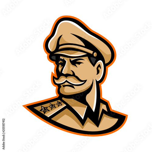 Mascot icon illustration of head of an American three-star general wearing a peaked cap looking forward viewed from side on isolated background in retro style.