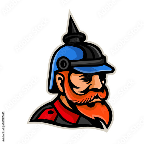 Mascot icon illustration of head of a Prussian officer wearing a pickelhaube or pickelhelm, a spiked helmet worn nineteenth and twentieth centuries by German military viewed from side in retro style.