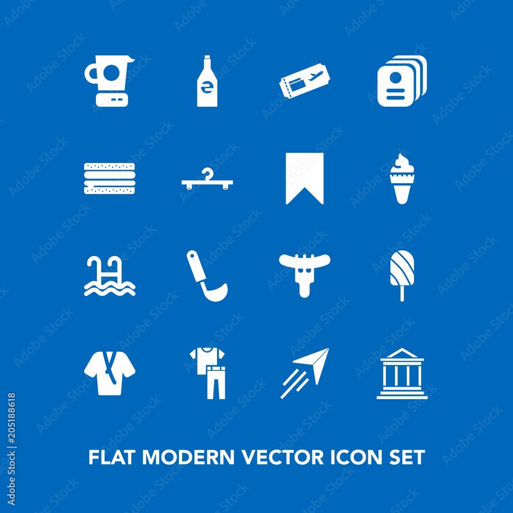Modern, simple vector icon set on blue background with clothes, sausage, summer, beverage, sign, flight, banking, white, fashion, soup, water, ticket, air, hotdog, ice, bathrobe, ladle, paper icons
