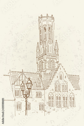 Vector sketch of Belfort van Brugge -  famouse 12th-century belfry Belfort of Bruges and Grote Markt square  Belgium.