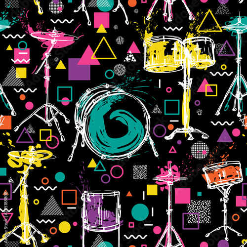 Seamless pattern with drum kit with splashes in watercolor style and decorative geometric elements on white background. Colorful design for retro party in memphis style. Vector illustration 