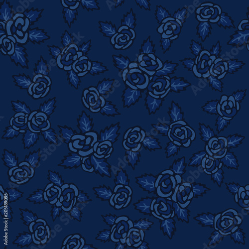 Colorful seamless pattern. Hand drawn navy-blue roses on dark-blue background