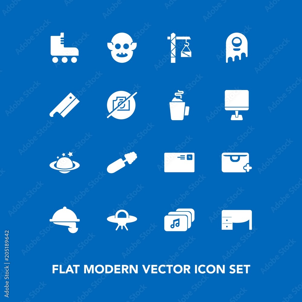 Modern, simple vector icon set on blue background with meat, mail, waitress, sign, makeup, restaurant, mascara, desk, construction, waiter, fiction, sport, file, table, office, fashion, skating icons Modern, simple vector icon set on blue background with meat, mail, waitress, sign, makeup, restaurant, mascara, desk, construction, waiter, fiction, sport, file, table, office, fashion, skating icons