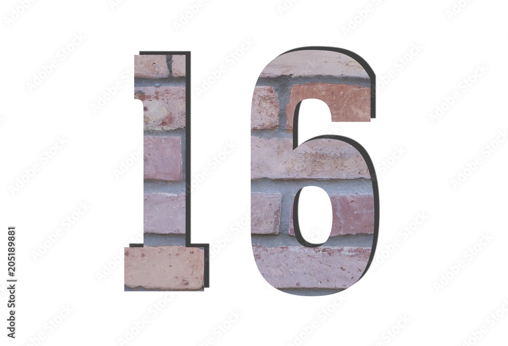 16 Number. Decorative red brick wall texture. English style. White isolated 16 Number. Decorative red brick wall texture. English style. White isolated