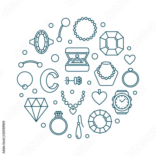 Jewellery vector outline illustration made with jewelry icons