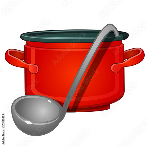 Aluminum red pan and ladle. Kitchen utensils. Image in cartoon style. Vector illustration isolated on white background