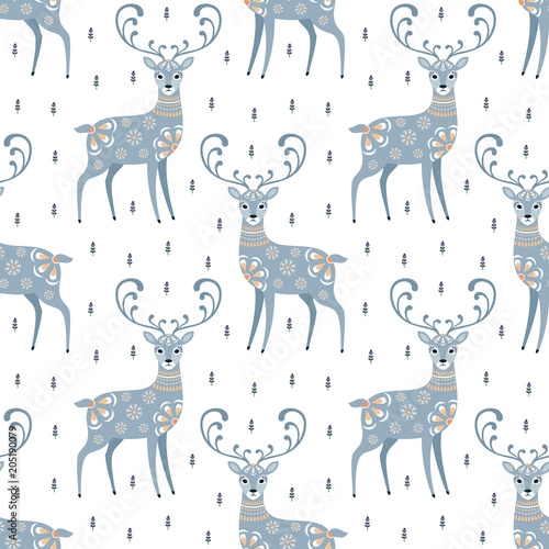 Decorative seamless pattern in folk style with deer. Colorful vector background.