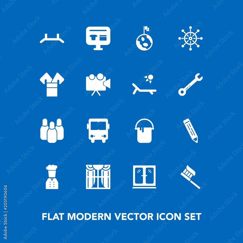 Modern, simple vector icon set on blue background with globe, chief, sale, transport, cabinet, painter, house, kimono, restaurant, hygiene, light, care, furniture, ball, cone, curtain, brush, up icons Modern, simple vector icon set on blue background with globe, chief, sale, transport, cabinet, painter, house, kimono, restaurant, hygiene, light, care, furniture, ball, cone, curtain, brush, up icons