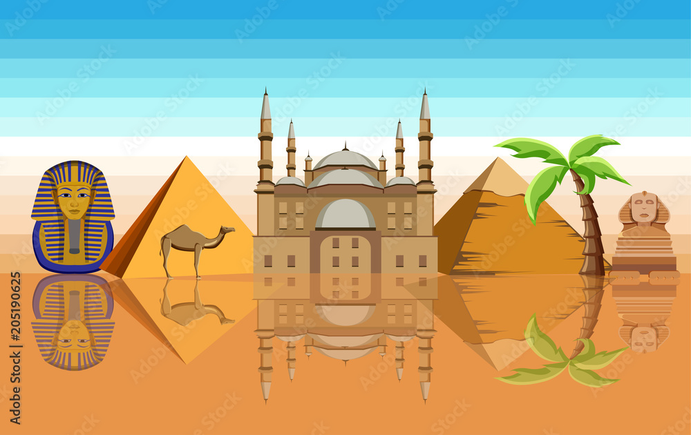 Egypt background with Great Sphinx and pyramids.