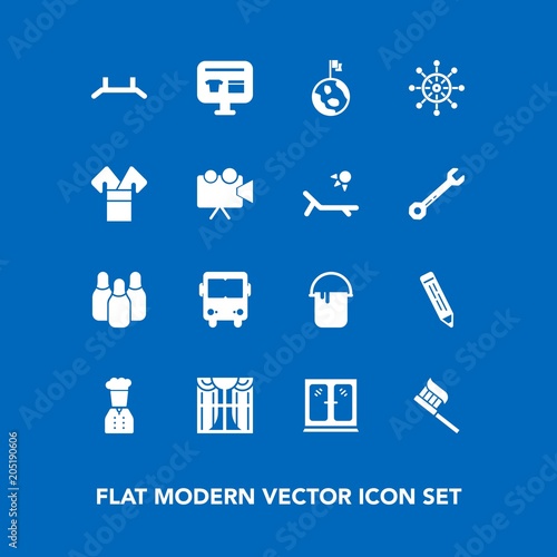 Modern, simple vector icon set on blue background with globe, chief, sale, transport, cabinet, painter, house, kimono, restaurant, hygiene, light, care, furniture, ball, cone, curtain, brush, up icons